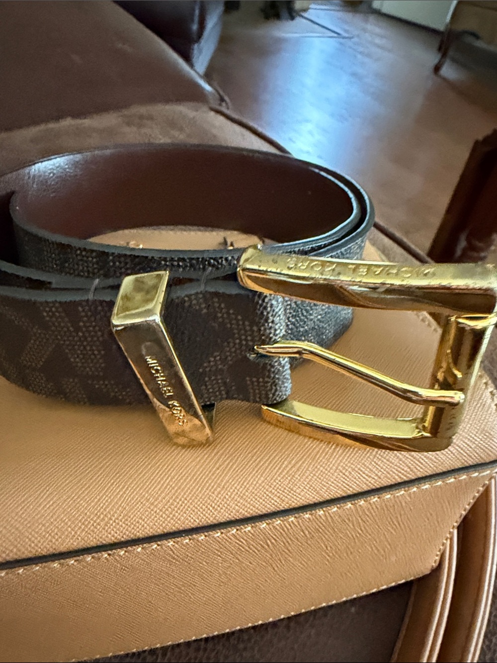 Michael Kors Gold-Tone Buckle Brown Textured Leather Belt